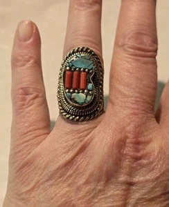 ANILLO ENORME GRANDE PARA CIGARROS PESADO 925 TURQUESA Y CORAL ROJO TALLA 8 1/4 Y 27,3g - Imagen 1 de 19