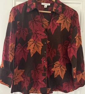 Coldwater Creek Herbst Autumn Blätter Print Knopfleiste PM M braun orange burgund - Bild 1 von 7
