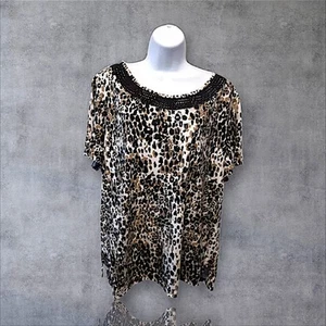 White Stag Sz 3X Animal Print Crochet Neckline Pullover Top. L-5 - Picture 1 of 8