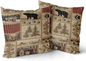 Rustic Brown Bear Square Pillow Covers 18X18 Inch Set of 2 Country Deer Wild Ani - Picture 1 of 12