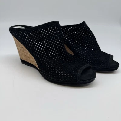 Johnston & Murphy Black Perforated Suede Cork Wedge Sandals – Size 10M  - Image 1 of 4