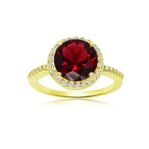 Round Halo Simulated Garnet & Cubic Zirconia Ring in Gold Plated Silver Size 10 - Picture 1 of 4