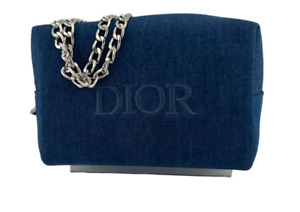 Dior Cosmetic Pouch Converted Silver Denim Chain Strap Crossbody Bag