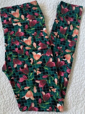 Leggings LuLaRoe OS Granate Naranja Crema TULIPANES Sobre Cuadros Verde y Negro De Colección Foto 1 de 3