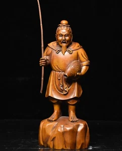 Statua 7" Folk Collect legno bosso pescatore sorriso vecchio tenere pesce - Foto 1 di 6