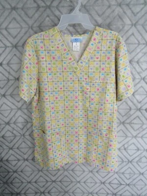 SB Scrub Top Size M Yellow Multi Color Shapes V Neck Short Sleeve Pockets Work - Image 1 of 3