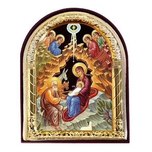 Icona tradizionale bizantina della Natività - Icona ad arco in lamina d'oro 4 1/16" - Foto 1 di 2