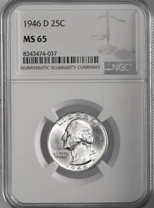 1946-D  25C WASHINGTON SILVER QUARTER "DENVER MINT" NGC MS65 #8343474-037 - Picture 1 of 4