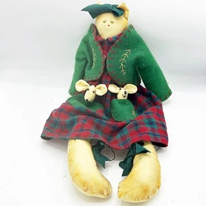 Cat Doll in Plaid Dress with Mice in Her Pockets 21" H - Imagen 1 de 7