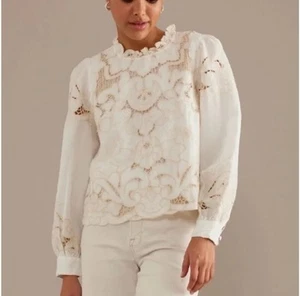 Anthropologie Cream Lainie Linen Blend Long-Sleeve Lace Cutwork Blouse Size L - Picture 1 of 13