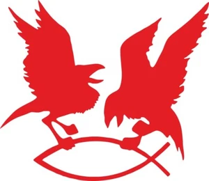 Pegatina cuervo de Odín Hugin y Munin agarran el pez, rojo - Imagen 1 de 1