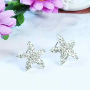 Silver White Rhinestone Classic Starfish Design Stud Earrings - Picture 1 of 4