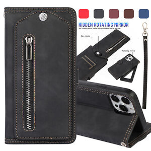 For iPhone 13 12 11 XR XS 876 SE Rotating Mirror Zipper Leather Card Wallet Case