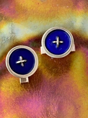 Gemelos botones antiguos de oro amarillo de 14K y esmalte azul cobalto para hombre Foto 1 de 4