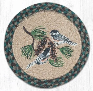 2 Braided Jute Round Placemat/Trivet/Swatch. CHICKADEE PINECONE. Earth Rugs.10" - Picture 1 of 1