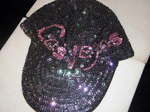 GORRA DE BÉISBOL LENTEJUELAS LAS VEGAS SOMBRERO BRILLANTE IRIDISCENTE NEGRO BONITO PARTIDO DE MEZCLILLA! - Imagen 1 de 5