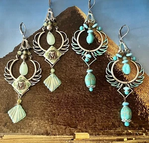 Egyptian Revival Deco Styled Earrings in Silver Tone, Turquoise or Pale Seafoam - Picture 1 of 7