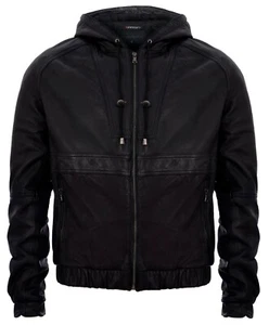Men's Black Vintage Retro Casual Zipped 100% Leather Hooded Bomber Biker Jacket - Picture 1 of 5