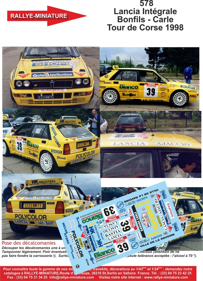 DECALS 1/43 REF 0578 LANCIA DELTA BONFILS TOUR DE CORSE 1998 WRC RALLYE RALLY - Photo 1/1
