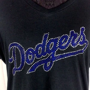 Women's Los Angeles Dodgers Rhinestone Baseball V-neck T-Shirt Tee Bling Lady - Picture 1 of 2