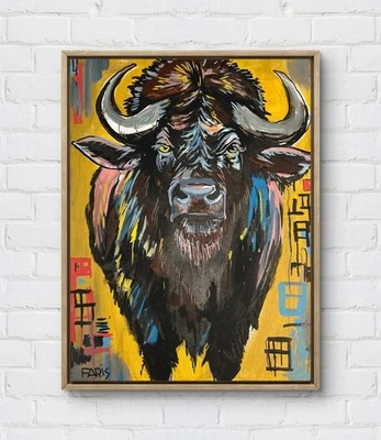 Faris Art: Buffalo on Yellow :11x14 холст уникальный современный неоэкспрессионизм - Изображение 1 из 4