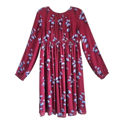 LOFT Women's S Dress Midi Floral Burgundy Blue Black Long Sleeve Lined Chiffon - Image 1 of 4
