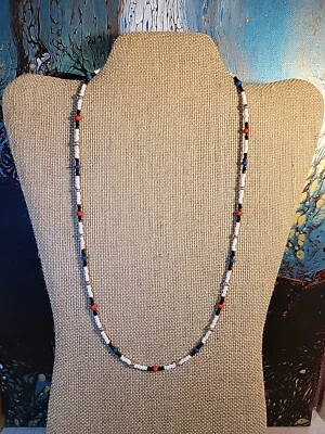 Summer Surfer Red, White, Blue & Silver Choker Beaded Necklace  22.5 Inches Boho - Image 1 of 4