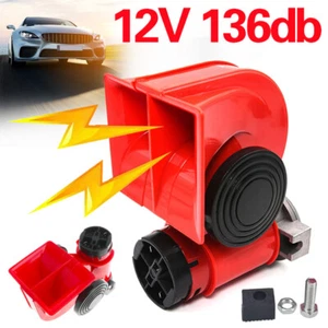 UK Twin Dual Tone Compact Air Loud Horn 12V Compressor Red Truck Car Bus Van NEW - Picture 1 of 8