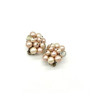 Vintage Faux Pearl Clip On Earrings Cluster Pink White AB Rhinestone - Picture 1 of 3