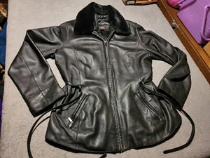 Studio Y Black Leather Jacket Womens Medium Full Zip Faux Fur Collar - Picture 1 of 9