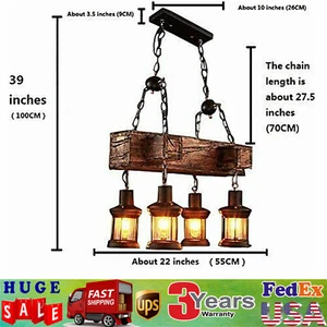 Rustic 4 Heads Chandelier Wood Industrial Ceiling Lamp Pendant Light Fixture USA - Picture 1 of 9