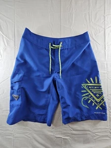 Columbia PFG Board Shorts Men's Sz 32 Blue Omni Shield Swim Trunks Spellout Logo - Picture 1 of 13