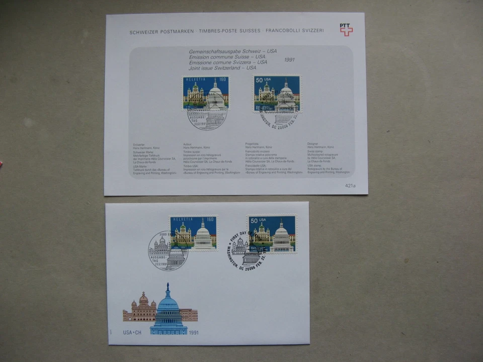 USA/SWITZERLAND, cover FDC 1991, 1st-day sheet, Switzerland 700 Y., architecture - Image 1 of 1