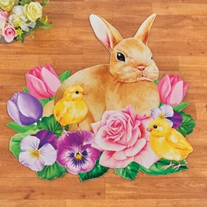 Colorful Easter Bunny & Chicks Floral Shaped Skid-Resistant Home Kitchen Mat Rug - Picture 1 of 2