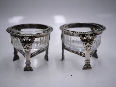 PAIRE DE SALERONS TRIPODE EN ARGENT MASSIF POINCON COQ PARIS 1809 ANGELOTS - Photo 1/4