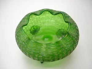 Old Loetz Big Threaded Green Bowl Rear Iridescent Antique Cabinet Peace Nice - Picture 1 of 11