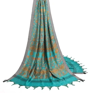 Sushila Vintage 100% Pure Woolen Dupatta  Aqua Blue Floral Woven Long Stole Veil - Picture 1 of 10