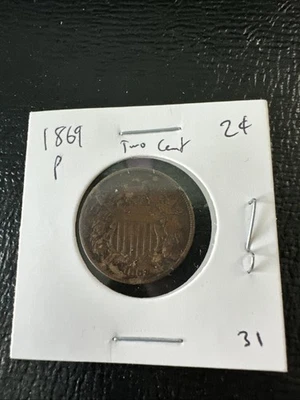 1869 TWO CENT PIECE EXTRA FINE XF EXTREMELY FINE EF NICE ORIGINAL COIN - Image 1 of 3
