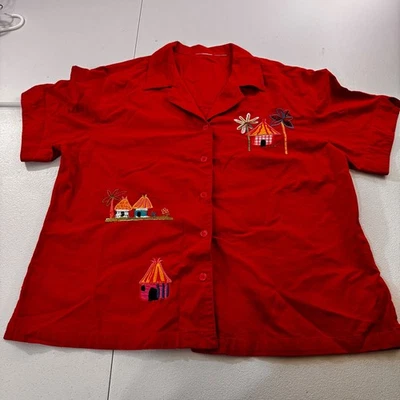 Y2K Womens Red Hawaiian Tropical Shirt Embroidered Beach Huts Palm Trees no tag - Image 1 of 4