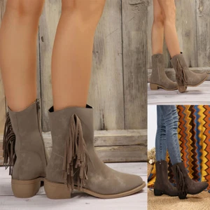 Women's Cowboys Ankle Boots Chunky Block Low Heel Fashion Western Short Booties - Picture 1 of 18