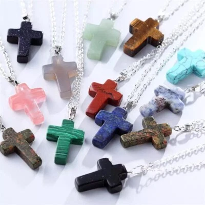 Natural Stone Cross Gemstone Silver Pendant Necklace Malachite Lapis Opal N176 - Image 1 of 4