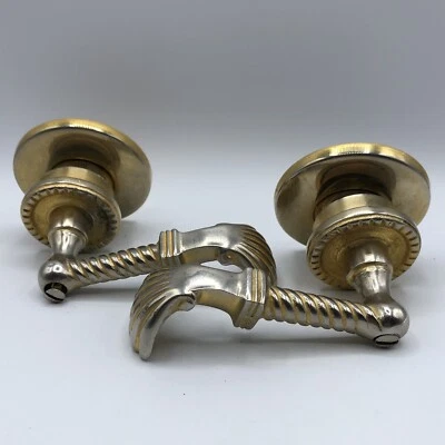 Pair of Antique Solid Brass Lever Door Handles Scallop Shell Curved Scrollwork - Image 1 of 4