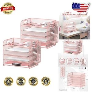 Pink 5-Tier Desk Organizer with Handles & Pen Holders - 2 Pack - Picture 1 of 8