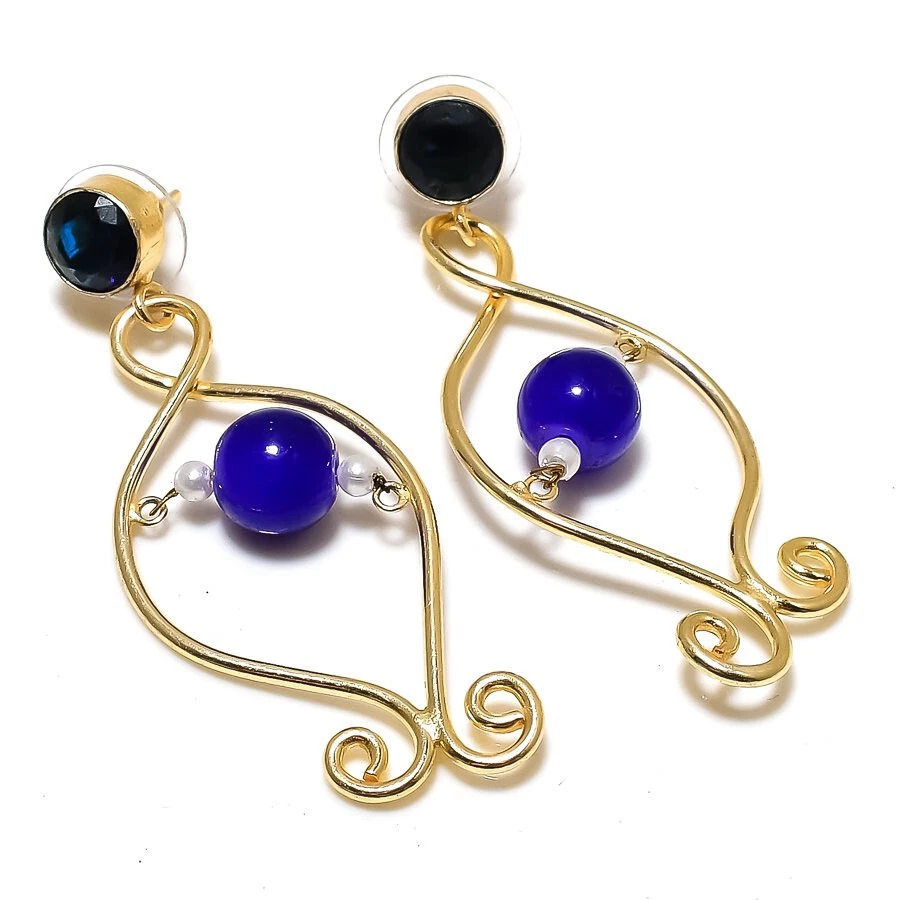 Pendientes chapados en oro con piedras preciosas de zafiro azul Desingner joyería regalo para esposa Foto 1 de 1