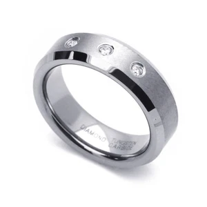 Men 6MM Tungsten Carbide Wedding Band 0.11ct 3 Diamond Beveled Edges Ring - Picture 1 of 3