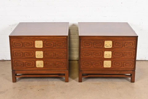 Widdicomb Mid-Century Modern Hollywood Regency Walnut Bedside Chests, Refinished Cover