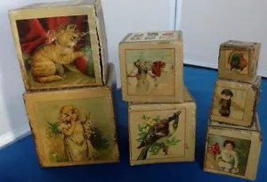 Antique Vintage Nesting stacking Blocks Alphabet times table litho Toys rhymes - Picture 1 of 6