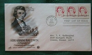 FDC #1850*ABRAHAM BALDWIN*1/25/85*Great American Series*Unv of GA founder*7c X 3 - Picture 1 of 2