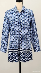 NEW Tommy Bahama Blue White Shibori Plunge Boyfriend Shirt Tunic Roll Tab Medium - Picture 1 of 22