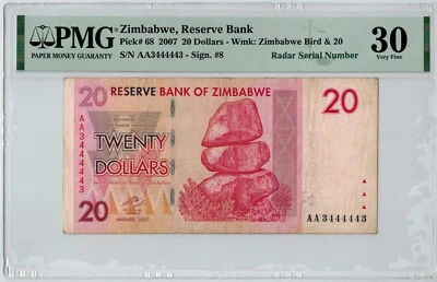 Zimbabwe 20 Dollar 2007 P-68 PMG30 RADAR Serial Number AA3444443 - Image 1 of 2